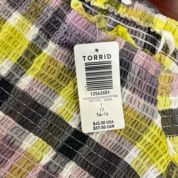 Torrid Smocked Yellow & Gray Off the Shoulder Top sz 1 NWT  14-16 - Picture 2 of 4